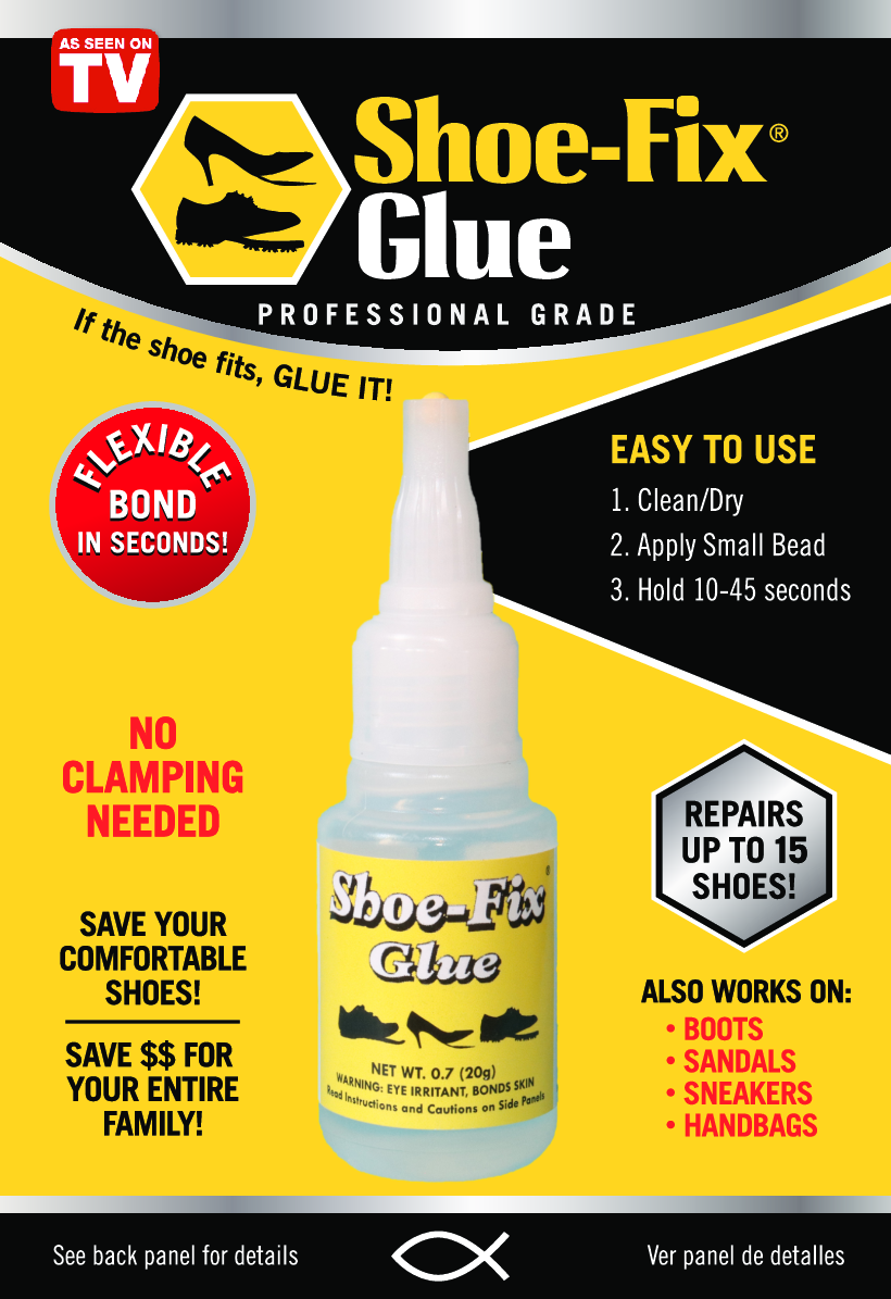 A bottle of Shoe-Fix professional grade shoe repair glue with a yellow label, offering tips and tricks for shoe repair.