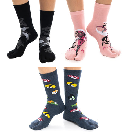 V-Toe Tabi Fun Pattern Socks - Ninja & Sushi - 3 Pairs