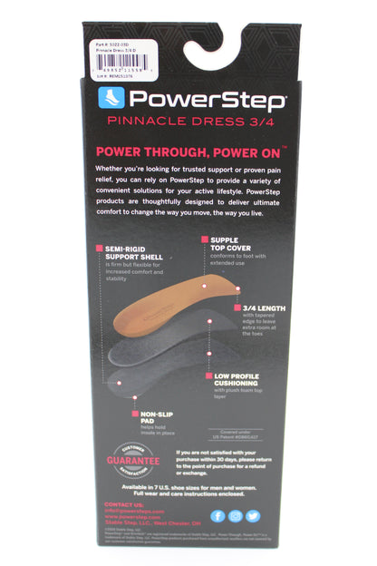 Powerstep Pinnacle Dress 3/4 Length Insoles for Dress, Casual, or Athletic shoes, Men's and Women's