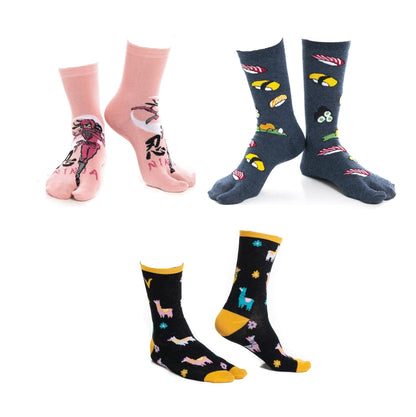 V-Toe Tabi Fun Pattern Socks - Ninja & Sushi - 3 Pairs