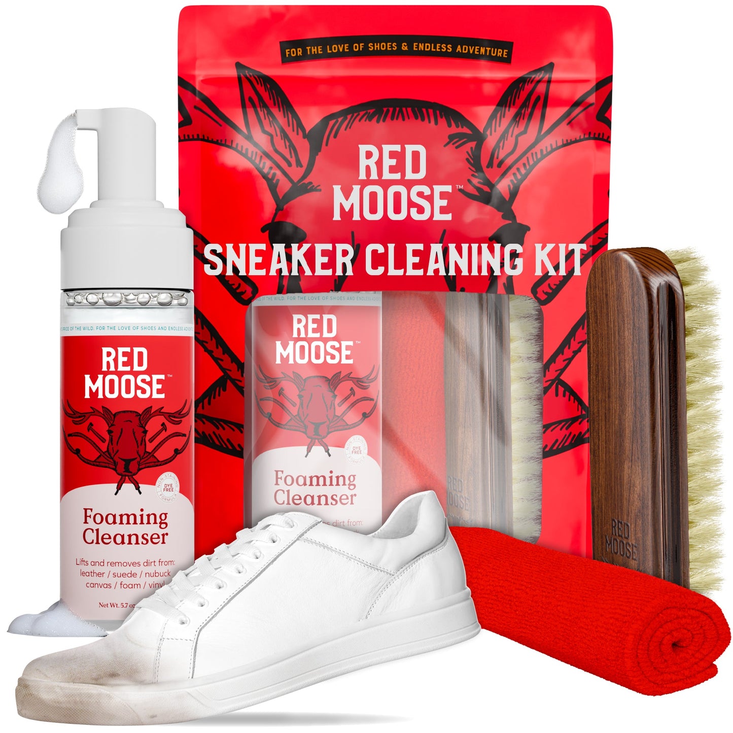 Red Moose Sneaker & Shoe Cleaning Kit – Foaming Cleaner, Stiff Brush, Microfiber Cloth & Storage Bag for Leather, Canvas, Suede & Mesh Shoes