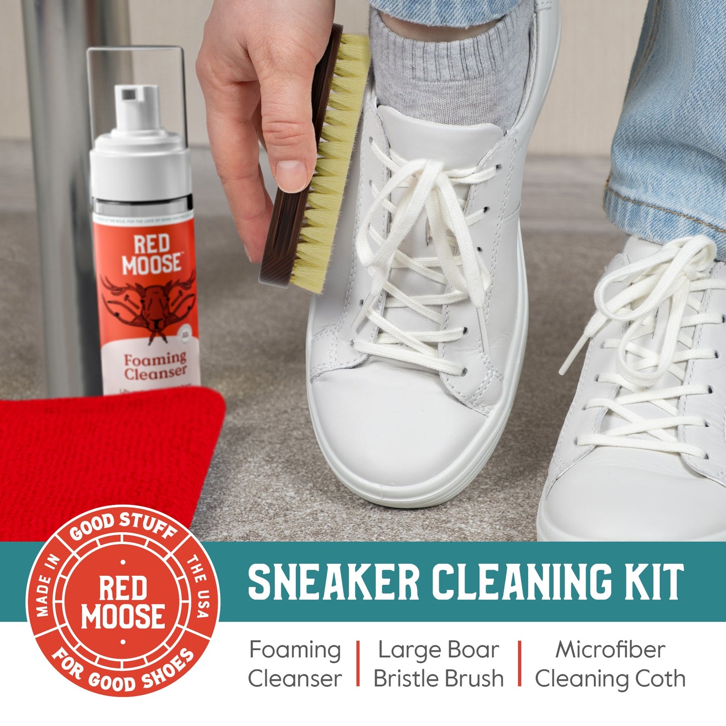 Red Moose Sneaker & Shoe Cleaning Kit – Foaming Cleaner, Stiff Brush, Microfiber Cloth & Storage Bag for Leather, Canvas, Suede & Mesh Shoes